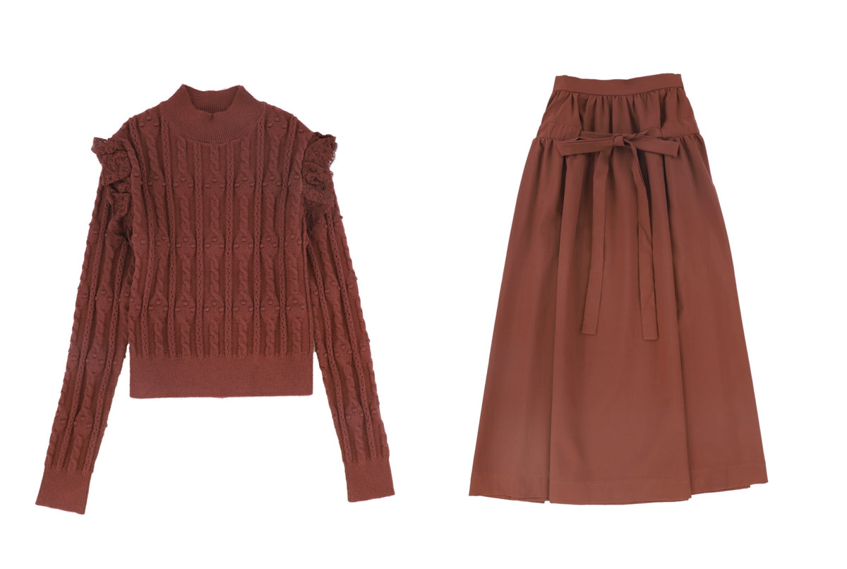 VALENTINA 2PC LACE POINTELLE SWEATER WITH GATHERED TIE MAXI SKIRT