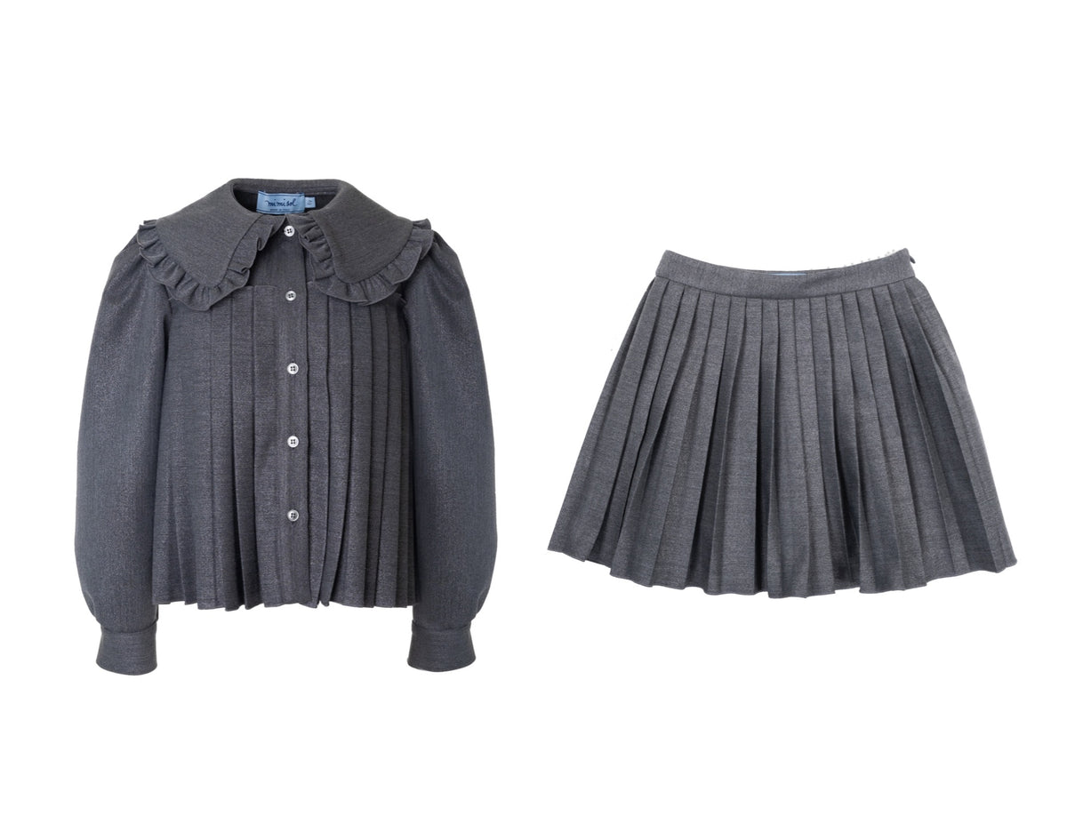 MIMISOL 2PC RUFFLE COLLAR PLEATED SHIRT WITH PLEATED SKIRT