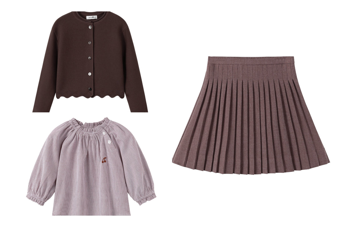 NOU NELLE 3PC SCALLOPED CARDIGAN, STRIPED SHIRT WITH PLEATED SKIRT