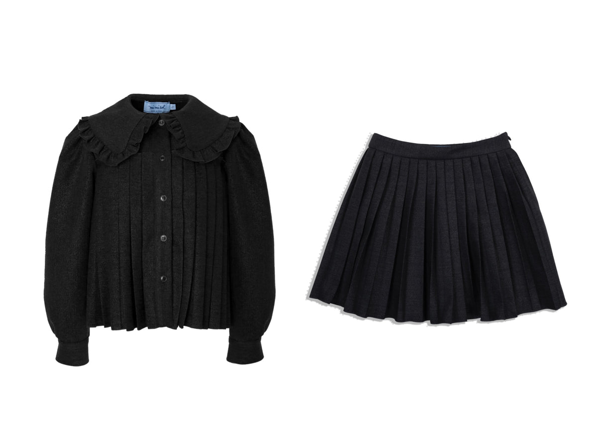 MIMISOL 2PC RUFFLE COLLAR PLEATED SHIRT WITH PLEATED SKIRT