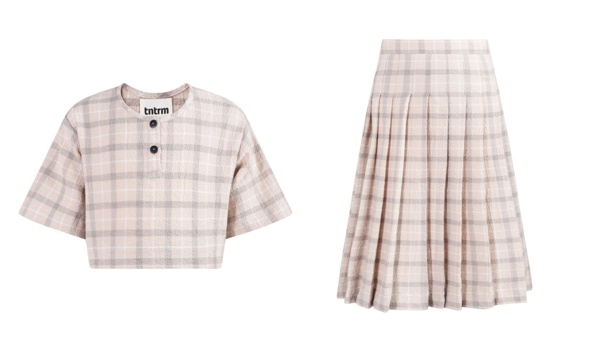 TNTRM 2PC WOVEN CHECK SEERSUCKER TOP WITH SKIRT