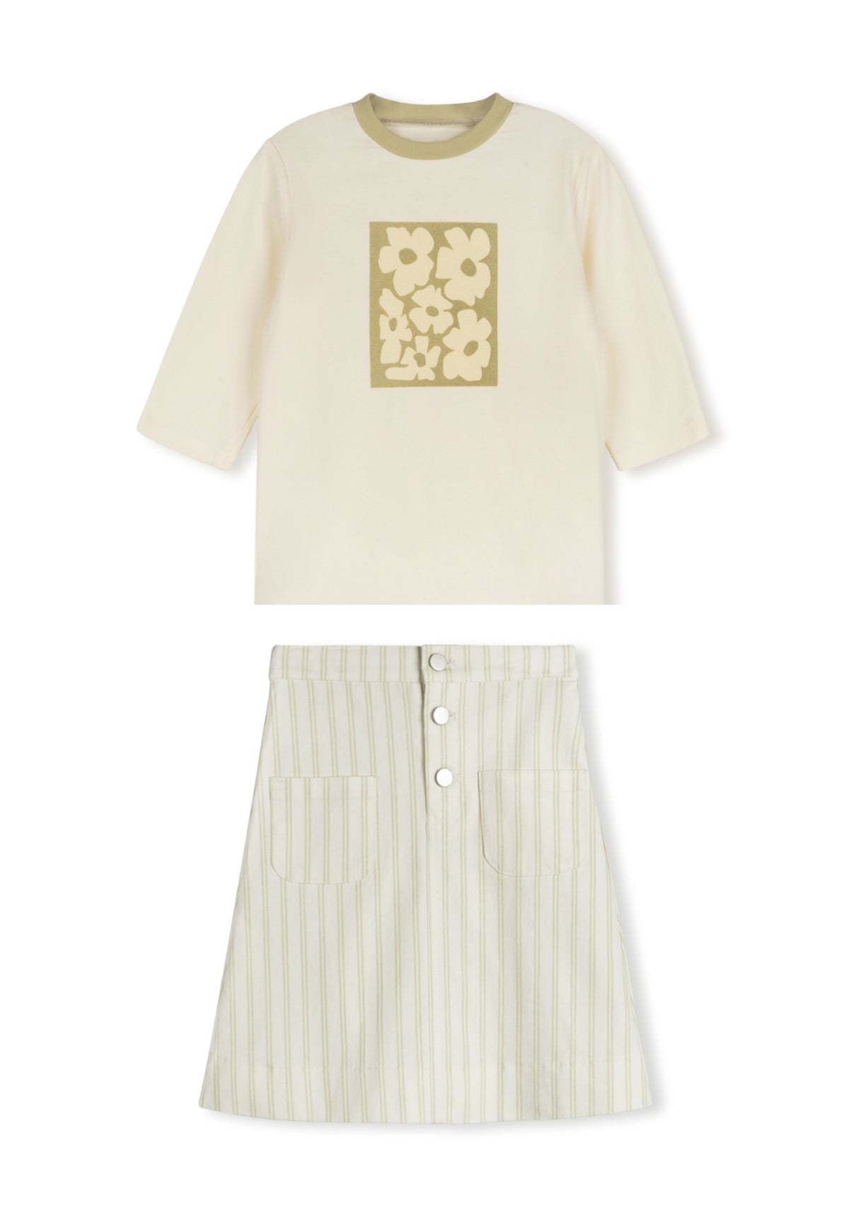 PHIL AND PHOEBE 2PC MINA GRAPHIC FLORAL TEE WITH DOUBLE STRIPE DENIM SKIRT