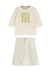 PHIL AND PHOEBE 2PC MINA GRAPHIC FLORAL TEE WITH DOUBLE STRIPE DENIM SKIRT