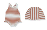 1+ IN THE FAMILY 2PC STRIPED SWIMSUIT AND BATHING CAP