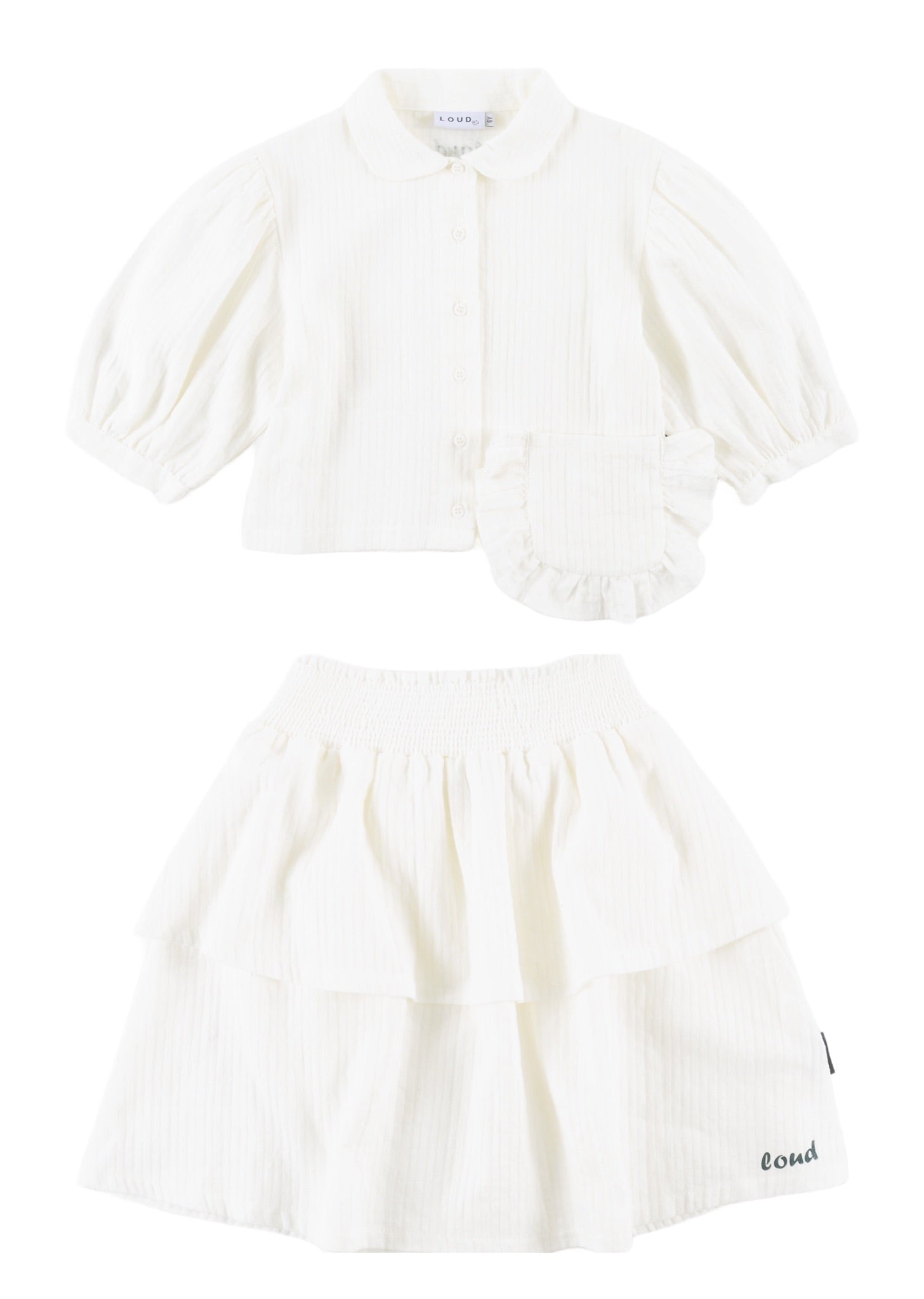 LOUD APPAREL 2PC RUFFLE POCKET BLOUSE WITH TIERED SKIRT