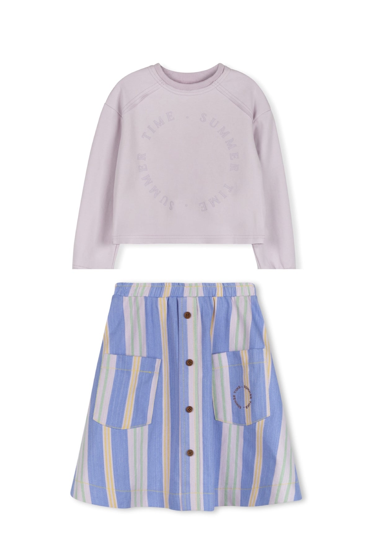 PHIL AND PHOEBE 2PC JOJO EMBOSSED TEE WITH JOJO COLORED STRIPE SKIRT