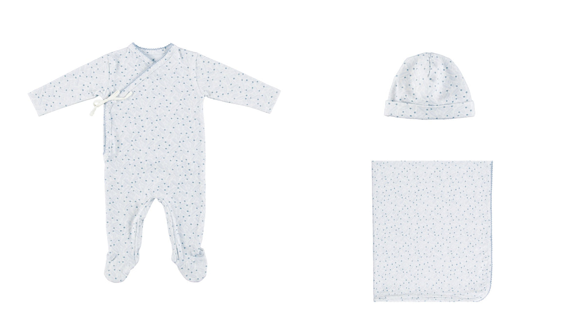 BEBE ORGANIC 3PC IVER LEAVES PRINT WRAP FOOTIE,BONNET & BLANKET SE