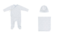 BEBE ORGANIC 3PC IVER LEAVES PRINT WRAP FOOTIE,BONNET & BLANKET SE