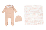 BEBE JOLEE 3PC TOILE RUFFLE COLLAR FOOTIE+BEANIE+BLANKET