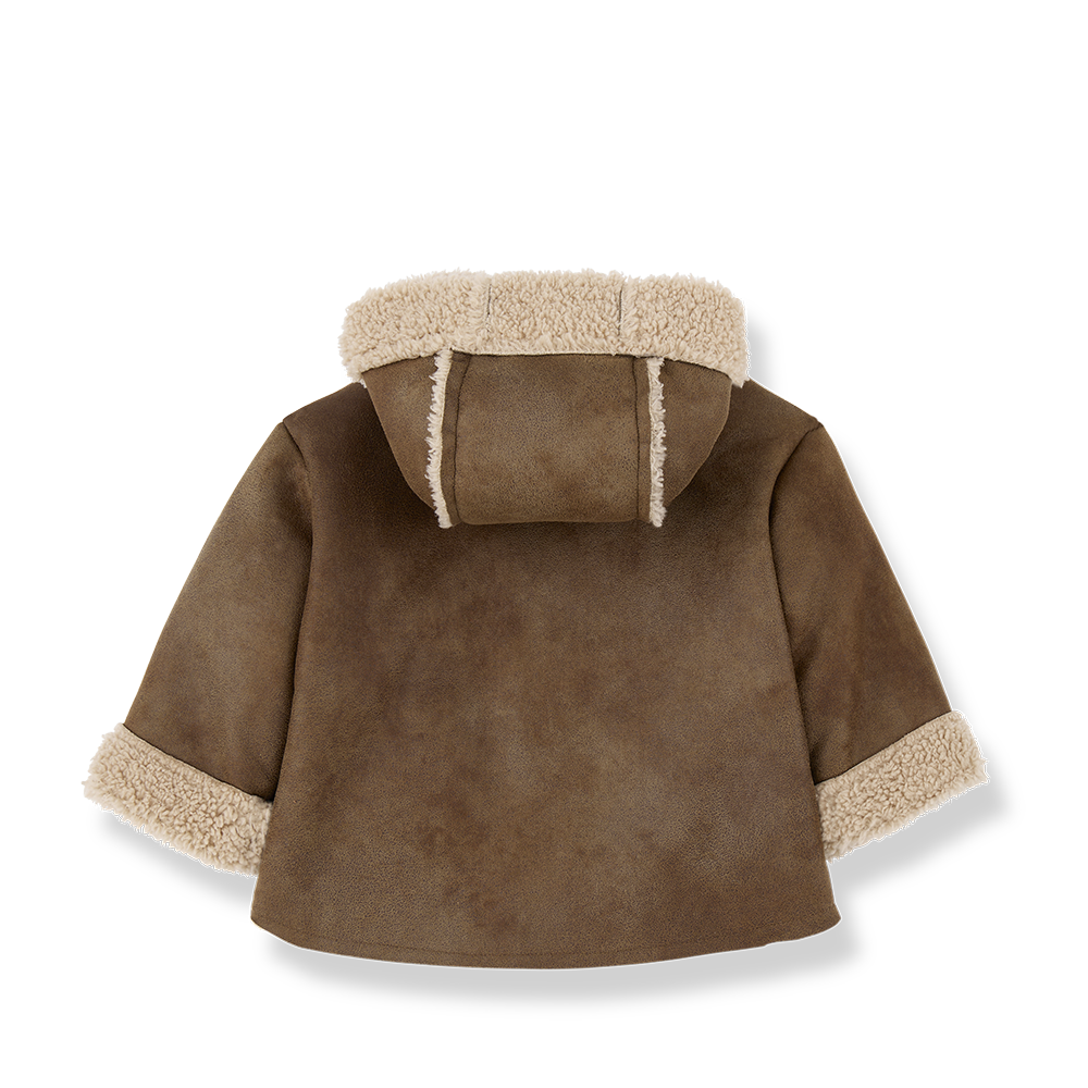 1+IN THE FAMILY FAUX SUEDE SHEARLING LINED POCKET HOODED JACKET