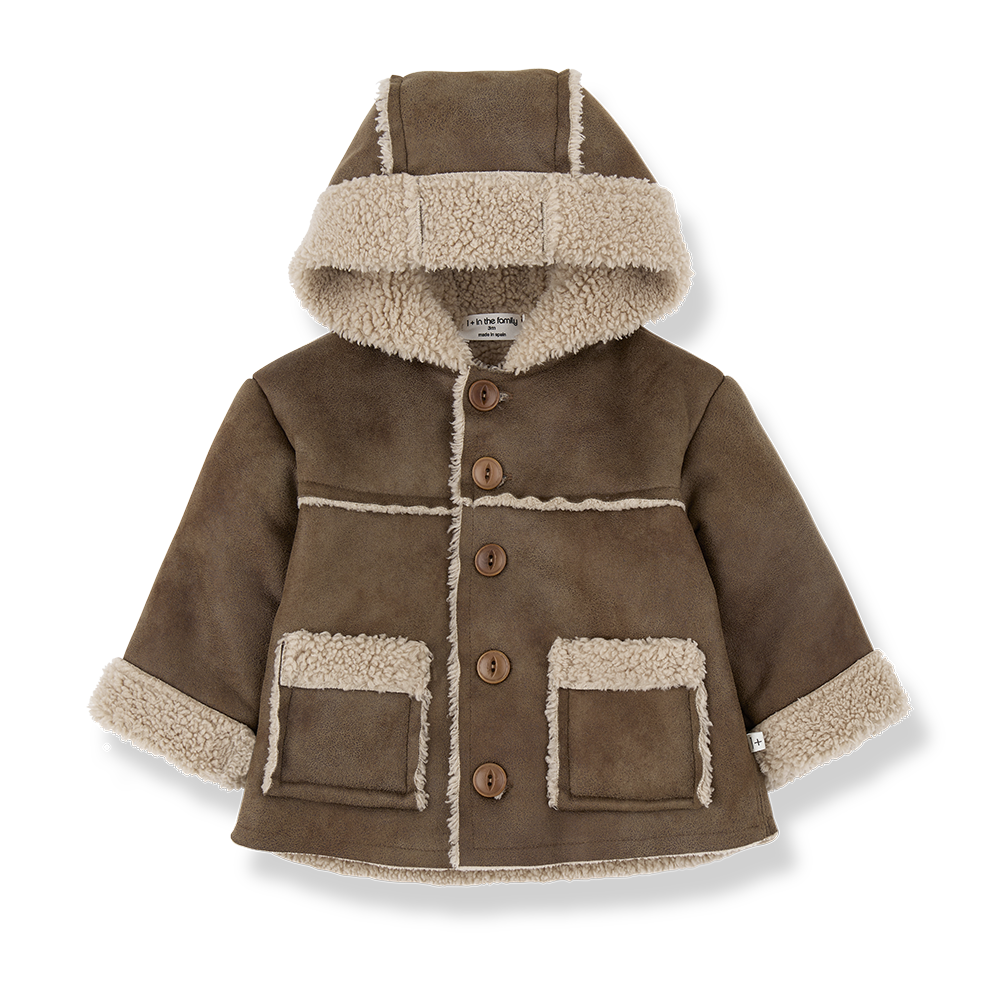1+IN THE FAMILY FAUX SUEDE SHEARLING LINED POCKET HOODED JACKET