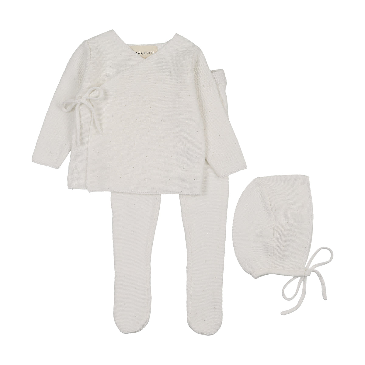 MEMA KNITS 4PC KNIT BRIS SET TOP, PANTS, BONNET WITH BLANKET