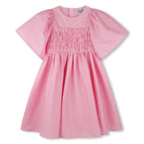 KENZO SATIN SMOCKED DRESS WITH RUFFLE SLEEVE