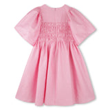 KENZO SATIN SMOCKED DRESS WITH RUFFLE SLEEVE