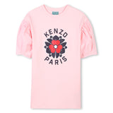 KENZO DRESS WITH PUFF SLEEVE, FLOWER AND TEXT LOGO DETAIL