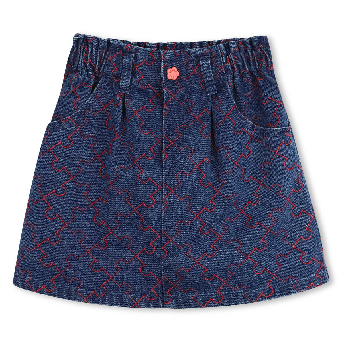 KENZO ALL OVER RED TOPSTITCH PUZZLE PIECE DENIM SKIRT