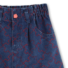KENZO ALL OVER RED TOPSTITCH PUZZLE PIECE DENIM SKIRT