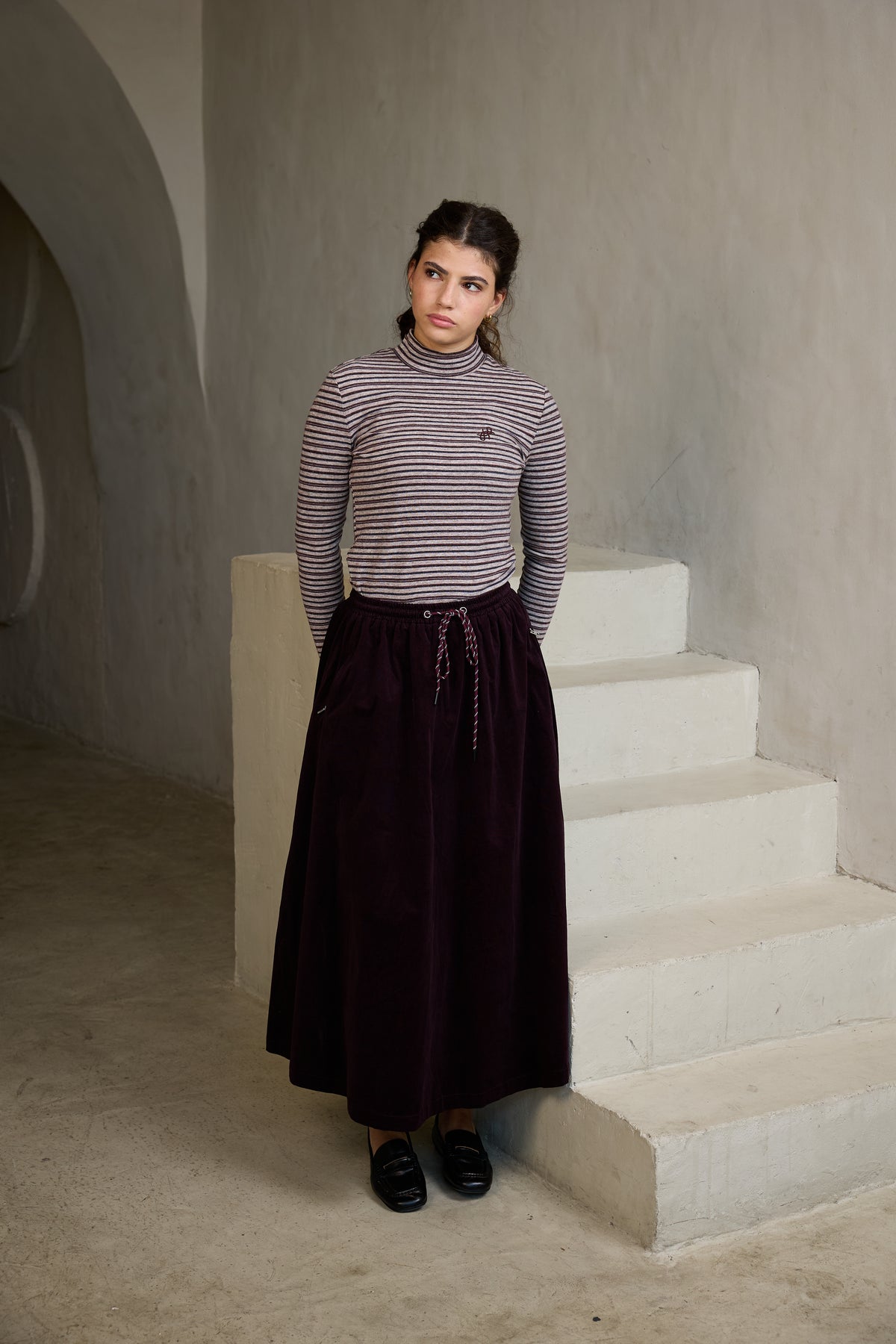 HEV 2PC STRIPED MOCKNECK TOP WITH CORD TIE SKIRT