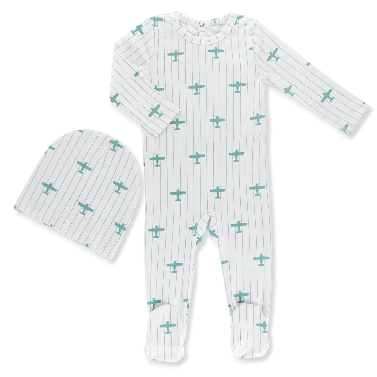 LITTLE LABEL 2PC AIRPLANE PRINT FOOTIE WITH HAT SET