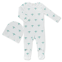 LITTLE LABEL 2PC AIRPLANE PRINT FOOTIE WITH HAT SET