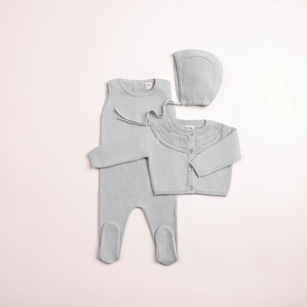 BEE & DEE 3PC LITTLE LOOM SLVLS FOOTIE CARDIGAN WITH BONNET SET