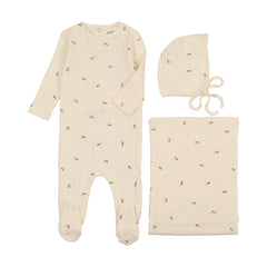 MEMA KNITS 3PC CHERRY PRINT POINTELLE FOOTIE +BONNET+BLANKET