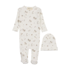 MEMA KNITS 2PC PRINTED SIDE SNAP FOOTIE WITH BEANIE SET
