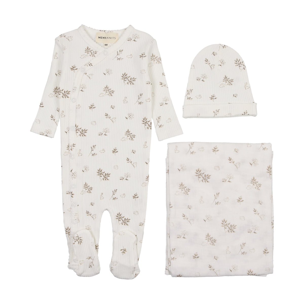 MEMA KNITS 3PC FLORAL PRINT SIDE SNAP FOOTIE, BEANIE WITH BLANKET SET