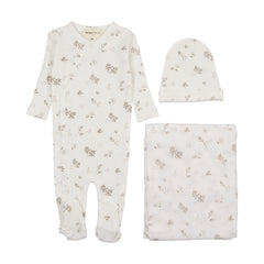 MEMA KNITS 3PC FLORAL PRINT SIDE SNAP FOOTIE, BEANIE WITH BLANKET SET