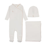 MEMA KNITS 3PC EMBROIDERED PICO EDGE FOOTIE, BEANIE WITH BLANKET SET