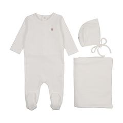 MEMA KNITS 3PC RIBBED VELOUR HEART EMBROIDERED FOOTIE. BONNET & BLANKET SET
