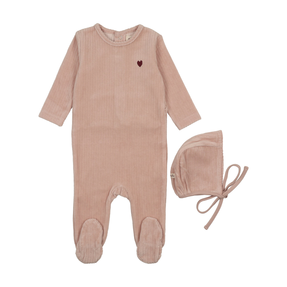 MEMA KNITS 2PC RIBBED VELOUR HEART EMBROIDERED FOOTIE WITH BONNET SET