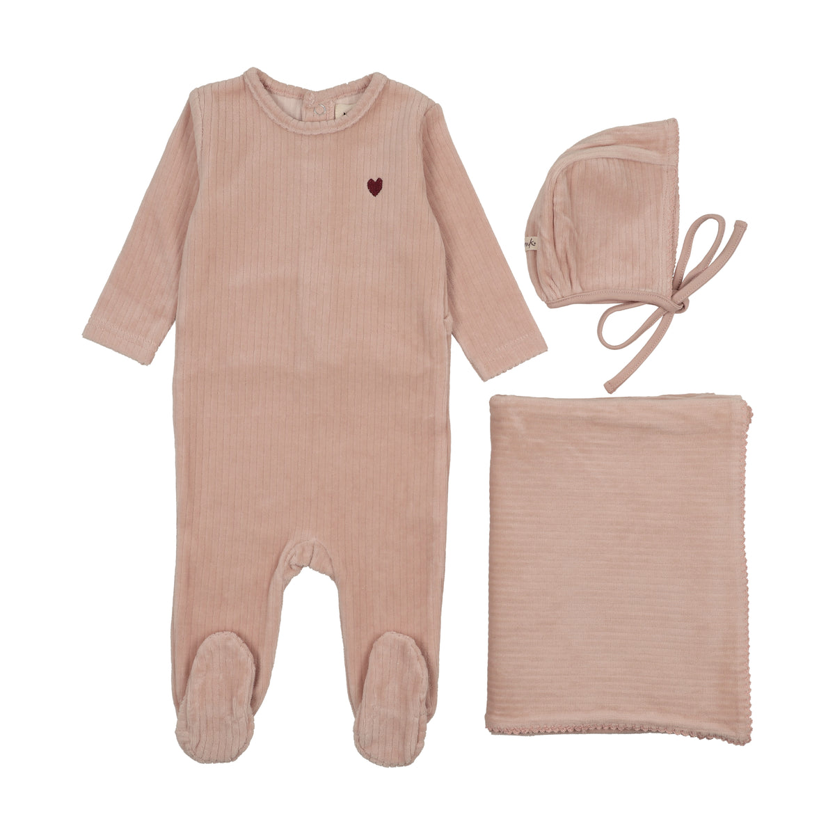 MEMA KNITS 3PC RIBBED VELOUR HEART EMBROIDERED FOOTIE. BONNET & BLANKET SET