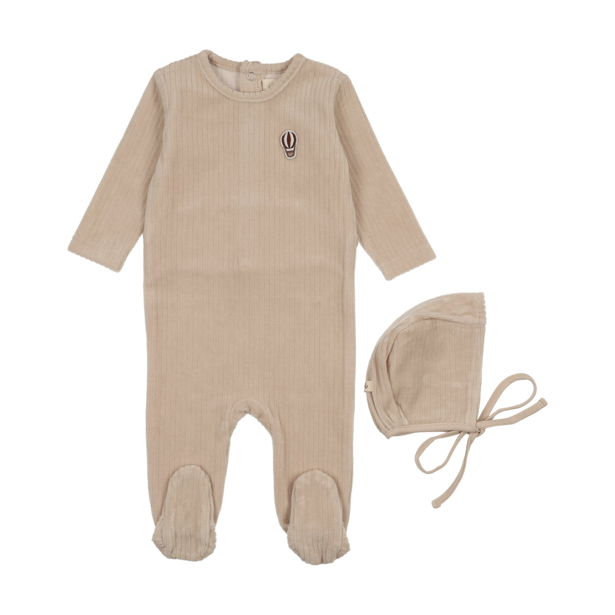 MEMA KNITS 2PC RIBBED VELOUR BALLOON EMBROIDERED FOOTIE WITH BONNET SET