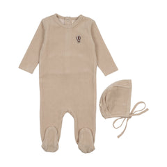 MEMA KNITS 2PC RIBBED VELOUR BALLOON EMBROIDERED FOOTIE WITH BONNET SET