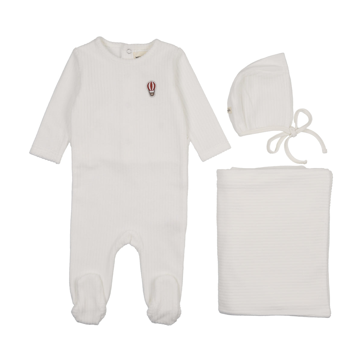 MEMA KNITS 3PC RIBBED VELOUR BALLOON EMBROIDERED FOOTIE. BONNET & BLANKET SET