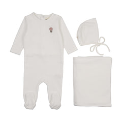 MEMA KNITS 3PC RIBBED VELOUR BALLOON EMBROIDERED FOOTIE. BONNET & BLANKET SET