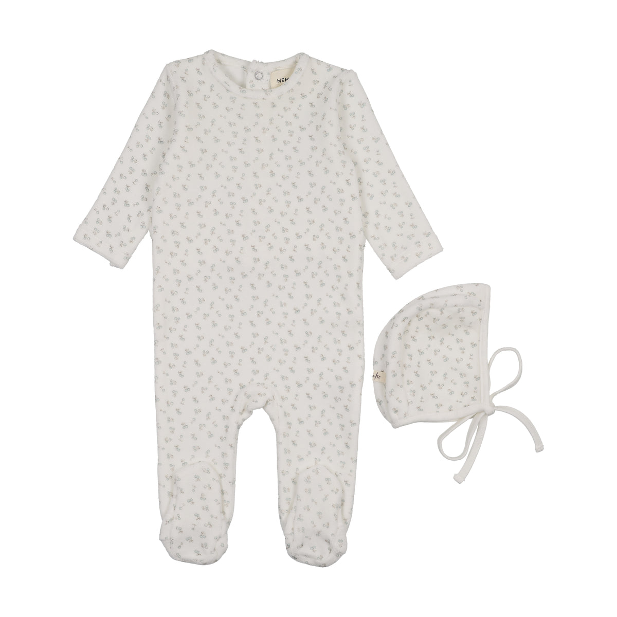 MEMA KNITS 2PC VELOUR CHERRY PRINT FOOTIE WITH BONNET SET