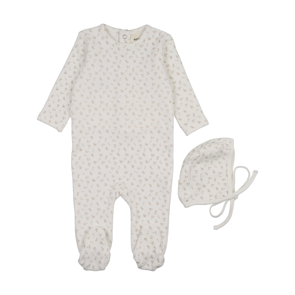 MEMA KNITS 2PC VELOUR CHERRY PRINT FOOTIE WITH BONNET SET