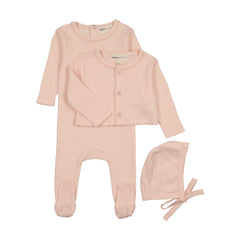MEMA KNITS 3PC RIBBED VELOUR HEART EMBROIDERED FOOTIE. BONNET & BLANKET SET