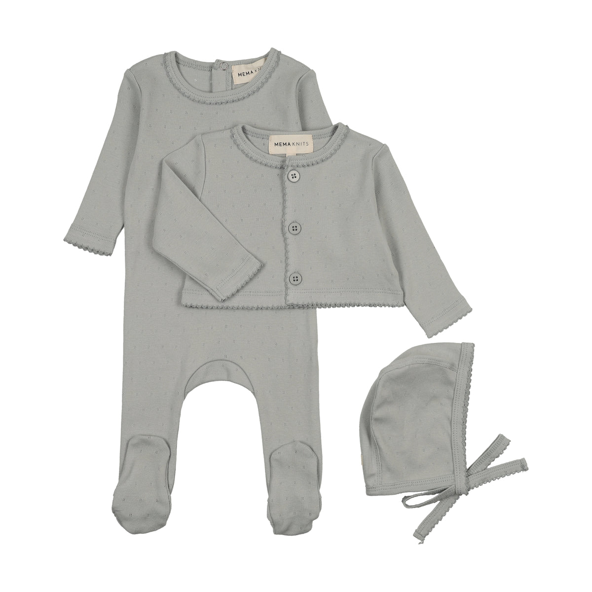 MEMA KNITS 3PC POINTELLE FOOTIE, CARDIGAN WITH BONNET SET