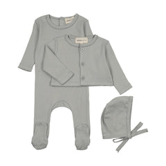 MEMA KNITS 3PC POINTELLE FOOTIE, CARDIGAN WITH BONNET SET
