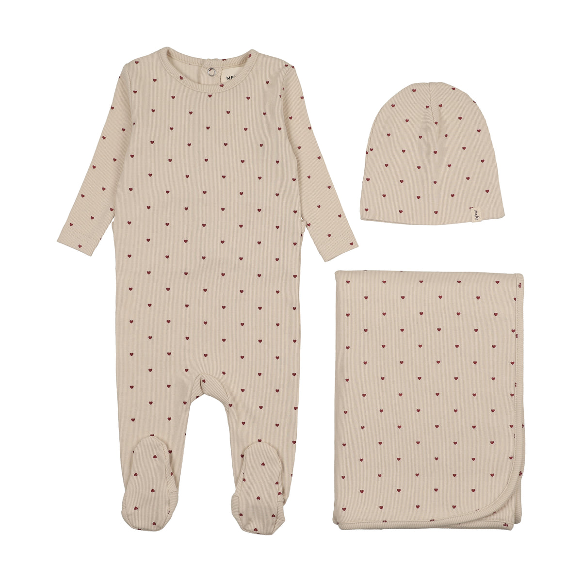 MEMA KNITS 3PC HEART PRINT FOOTIE, BEANIE WITH BLANKET SET