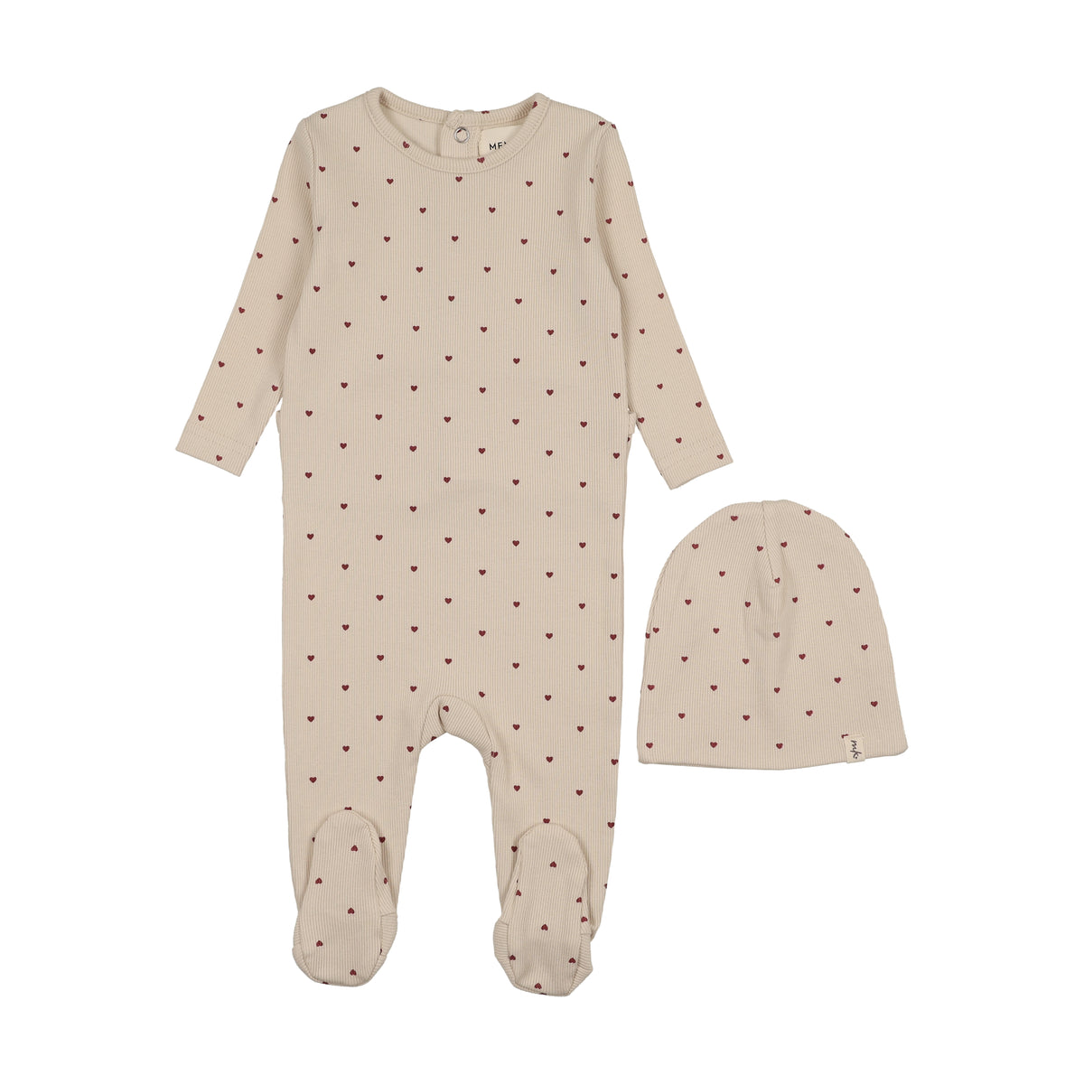 MEMA KNITS 2PC HEART PRINTED FOOTIE WITH BEANIE SET
