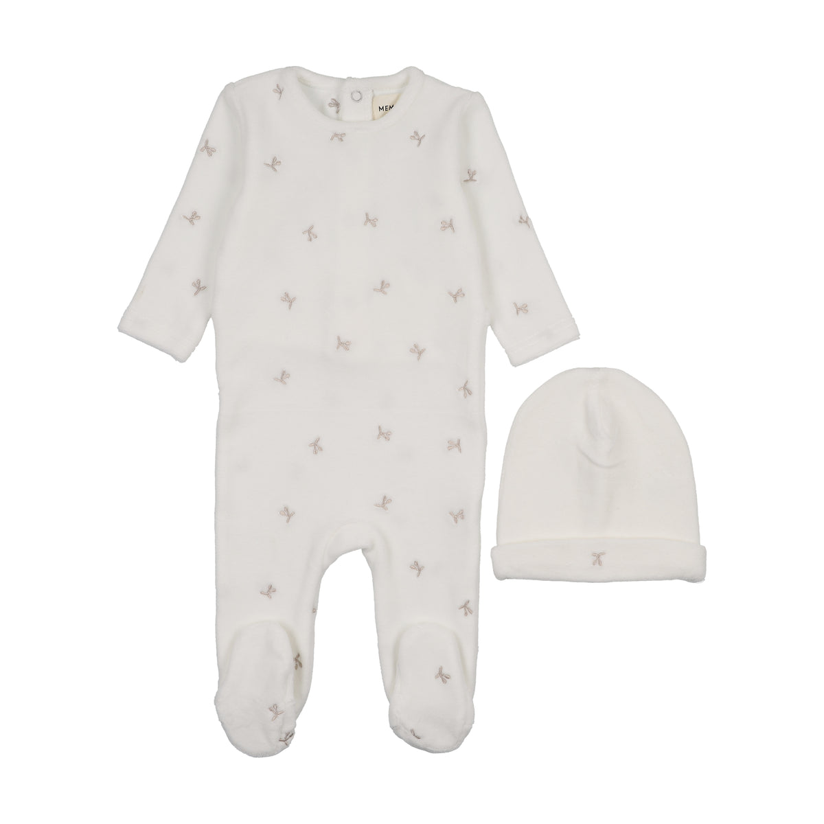 MEMA KNITS 2PC VELOUR SCATTERED CHERRIES FOOTIE WITH BEANIE SET