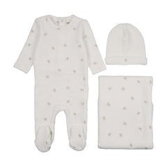 MEMA KNITS 3PC VELOUR SCATTERED CHERRIES FOOTIE, BEANIE WITH BLANKET SET