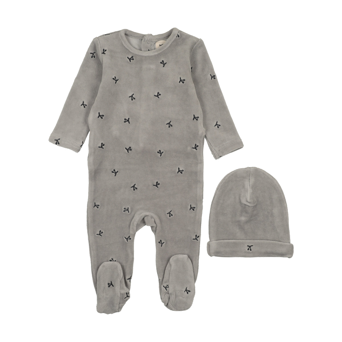 MEMA KNITS 2PC VELOUR SCATTERED CHERRIES FOOTIE WITH BEANIE SET