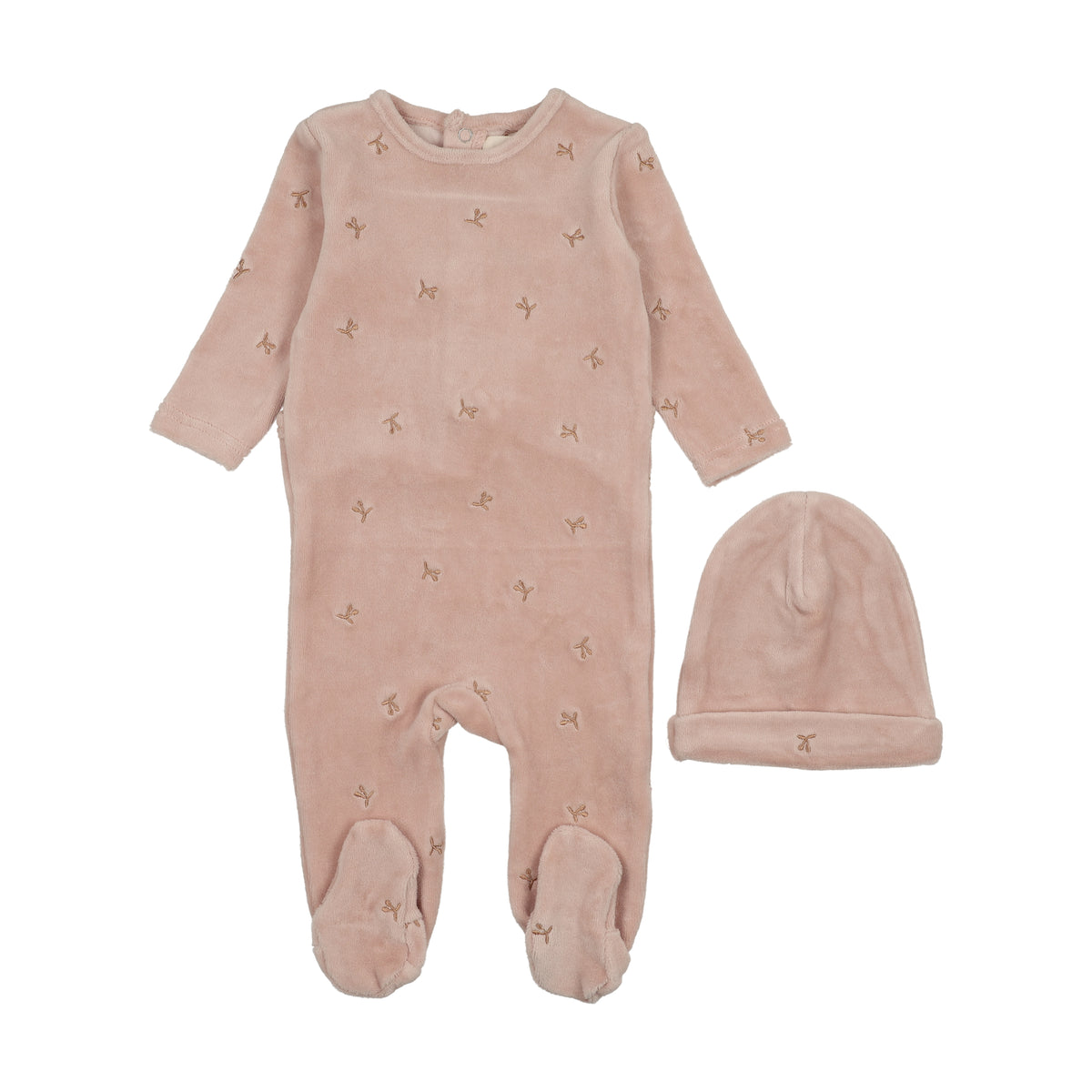 MEMA KNITS 2PC VELOUR SCATTERED CHERRIES FOOTIE WITH BEANIE SET