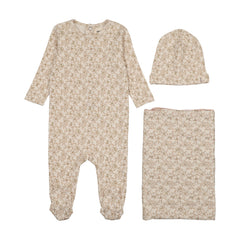 MEMA KNITS 3PC LEAF PRINT FOOTIE, BEANIE WITH BLANKET SET