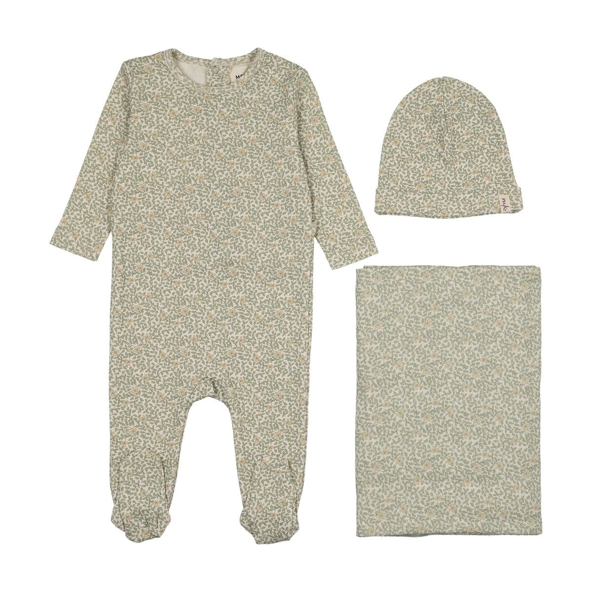MEMA KNITS 3PC LEAF PRINT FOOTIE, BEANIE WITH BLANKET SET